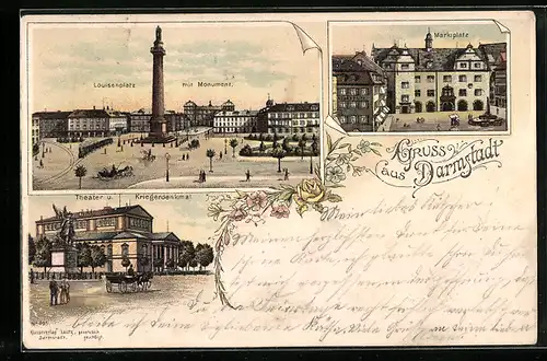 Lithographie Darmstadt, Louisenplatz mit Monument, Marktplatz