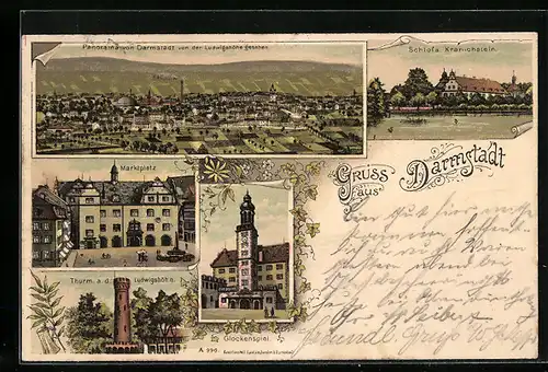 Lithographie Darmstadt, Marktplatz, Glockenspiel, Schloss Kranichstein