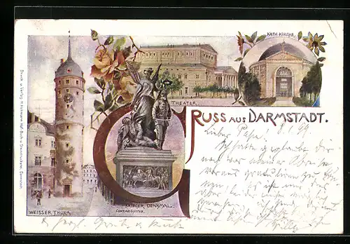 AK Darmstadt, Weisser Thurm, Theater, Krieger-Denkmal und Kath. Kirche