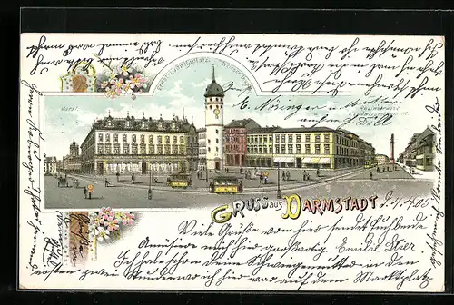 Lithographie Darmstadt, Ernst-Ludwigsplatz mit Weisser Thurm und Blick in die Rheinstrasse, Strassenbahnen