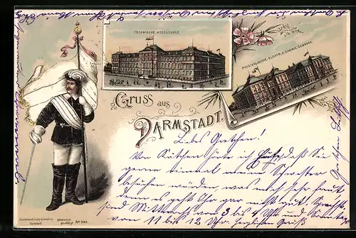 Lithographie Darmstadt, Technische Hochschule, Physikalische-Elektr. u. Chemie Gebäude, Student