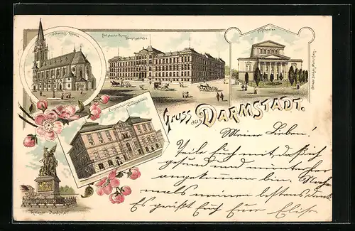 Lithographie Darmstadt, Johannis-Kirche, Hoftheater, Krieger-Denkmal