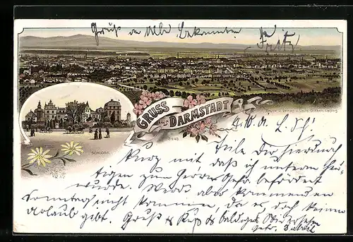 Lithographie Darmstadt, Ansicht vom Schloss, Panorama