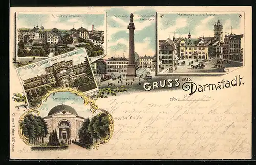 Lithographie Darmstadt, Louisenplatz und Ludwigs-Monument, Marktplatz und ev. Kirche