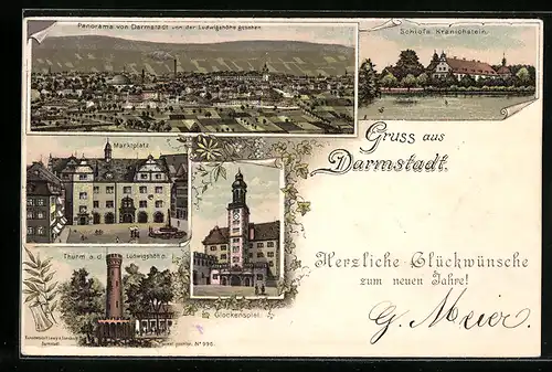 Lithographie Darmstadt, Thurm auf der Ludwigshöhe, Schloss Kranichstein, Glockenspiel