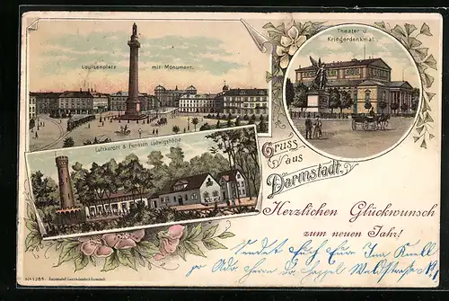 Lithographie Darmstadt, Theater und Kriegerdenkmal, Louisenplatz mit Monument, Pension Ludwigshöhe