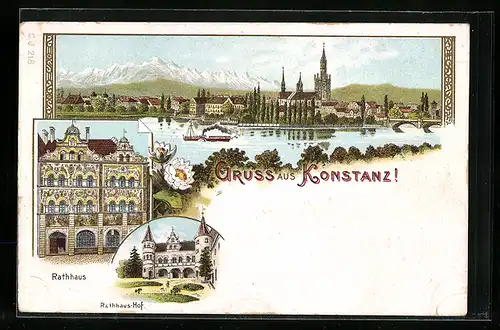 Lithographie Konstanz, Rathaus, Rathaus-Hof, Panorama