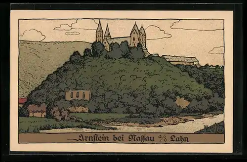 Steindruck-AK Arnstein, Blick zum Kloster