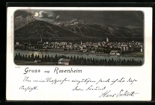 Lithographie Rosenheim, Ortsansicht aus der Vogelschau bei Nacht