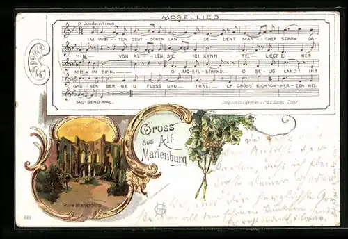 Lithographie Marienburg /Mosel, Ruine Marienburg im Abendlicht, Mosellied