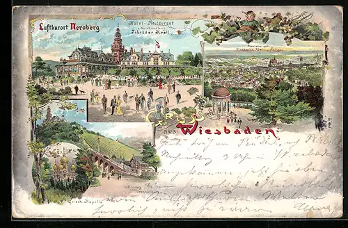 Lithographie Wiesbaden, Hotel-Restaurant u. Weinhandlung d. Gebrüder Krell, Panorama und Griech. Kapelle