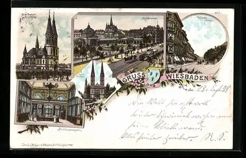 Lithographie Wiesbaden, Kochbrunnen, Wilhelm-Strasse, Evangel. Kirche, Kathol. Kirche