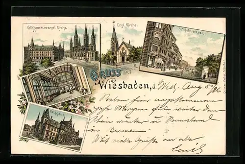 Lithographie Wiesbaden, Wilhelmstrasse, Kochbrunnen, Rathaus mit evangel. Kirche, Engl. Kirche