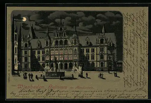 Lithographie Wiesbaden, Partie am Rathaus