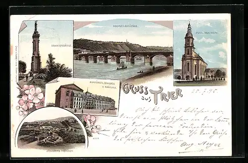 Lithographie Trier, Paulinskirche, Mariensäule, Moselbrücke