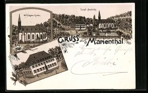 Lithographie Marienthal / Rhg., Wallfahrtskirche und Kloster, Totalansicht