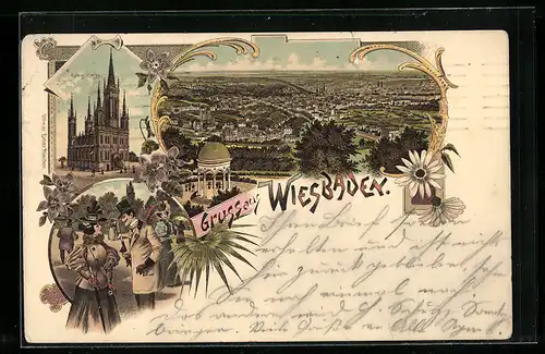 Lithographie Wiesbaden, Evang. Kirche, Panoramablick vom Neroberg