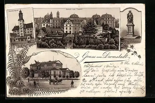 Lithographie Darmstadt, Theater und Kriegerdenkmal, Glockenspiel, Schloss vom Theater