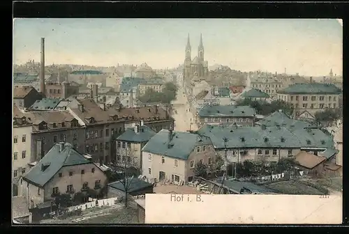 AK Hof i. B., Strassenpartie mit Kirche