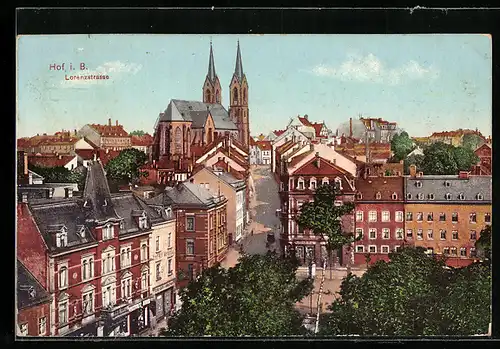 AK Hof i. B., Lorenzstrasse mit Kirche