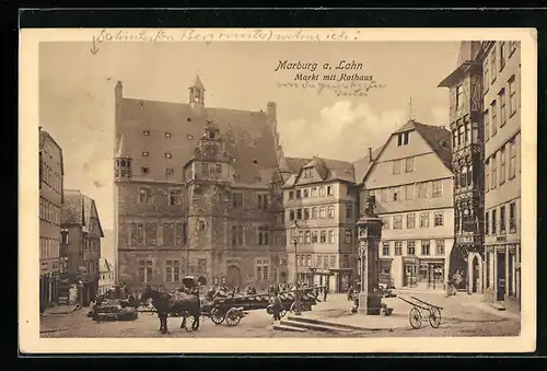 AK Marburg a. Lahn, Markt mit Geschäften und Rathaus