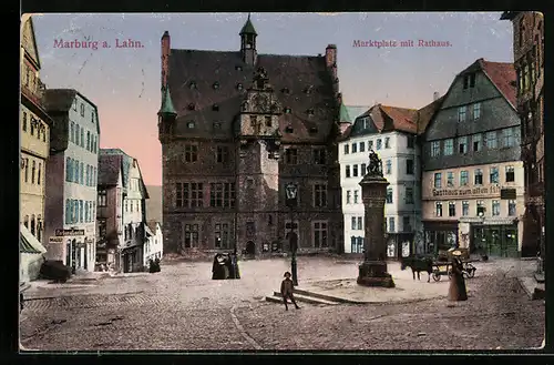 AK Marburg a. Lahn, Gasthaus zum alten Ritter und Rathaus am Markt