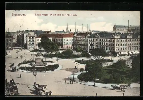 AK Hannover, Ernst August-Platz aus der Vogelschau, Pferdekutschen