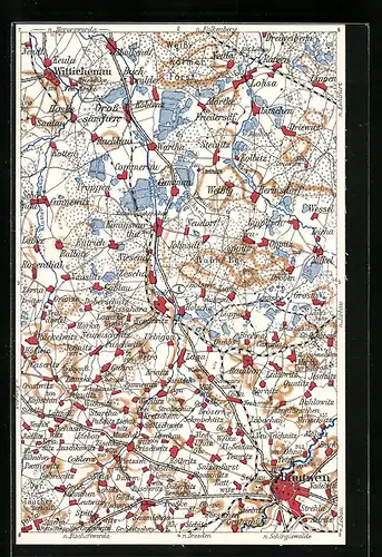 Künstler-AK Wittichenau, Landkarte mit Kobitz, Uebigau und Oppitz
