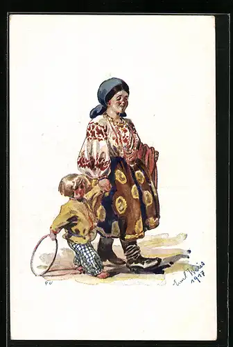Künstler-AK Junge Frau mit Kind an der Hand, ukrainische Typen