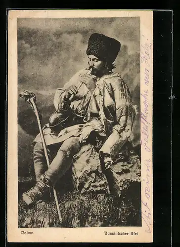 AK Cioban, rumänischer Hirt mit Stock und Weidenflöte