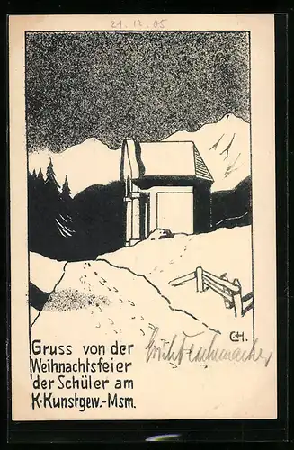 Lithographie Weihnachtsfeier der Schüler am K. Kunstgew. Museum, studentische Szene