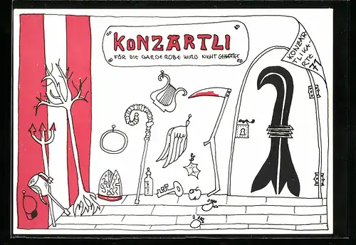 Künstler-AK Konzärtli 1971, für die Garderobe wird nicht gehaftet, studentische Szene
