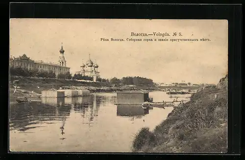 AK Vologda, Flusspartie mit Bootshäusern und Kirche