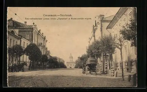 AK Smolensk, Strassenpartie mit Kutsche und Kirche