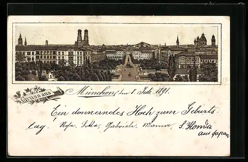 Vorläufer-Lithographie München, 1891, Ortsansicht mit Frauenkirche