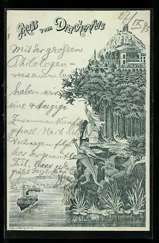 Vorläufer-Lithographie Drachenfels, 1895, Hotel auf dem Drachenfels, Inh.: Carl Harmening Ww., Dampfer