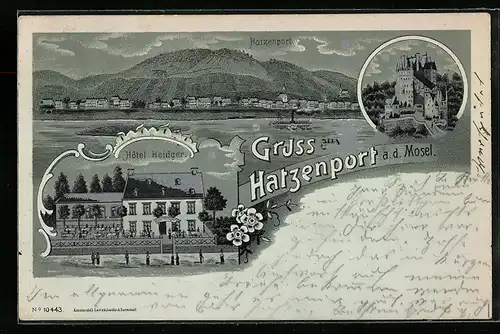 Lithographie Hatzenport a. d. Mosel, Hotel Heidger, Ortsansicht