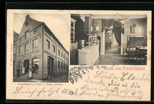 AK Friedrichstadt, Conditorei u. Café v. Gebr. Jebens, Aussen- und Innenansicht