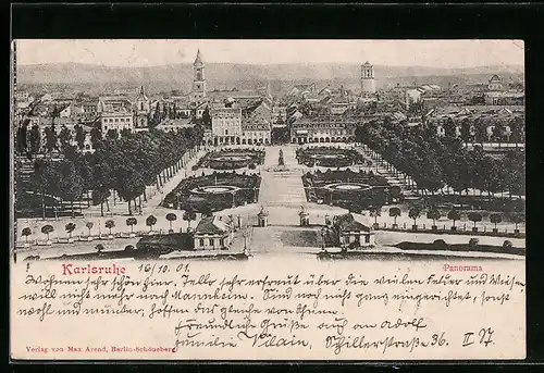 AK Karlsruhe, Stadtpanorama mit dem Parkgarten im Vordergrund