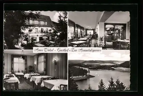 AK Meschede im Sauerland, Haus Dickel, Gasthof Zur Hennetalsperre, in den Gasträumen, Blick auf den See