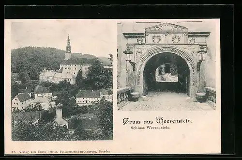 AK Weesenstein, Torbogen des Schloss Weesenstein, Blick auf das Schloss