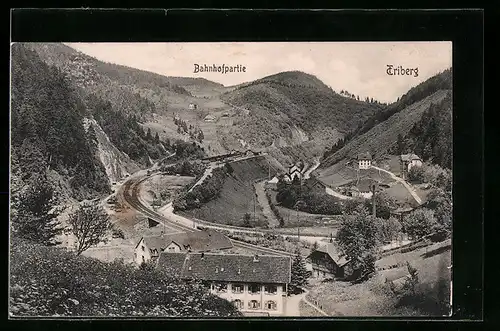 AK Triberg, Bahnhofpartie und Blick ins Tal