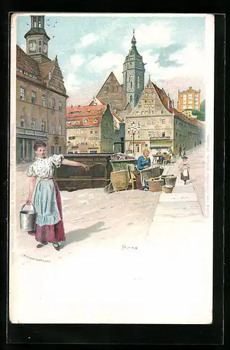 Lithographie Pirna, Partie am Markt