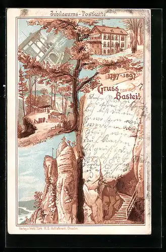 Lithographie Bastei, Aufgang d. d. Schwedenlöcher, Wald-Villa, Basteifelsen