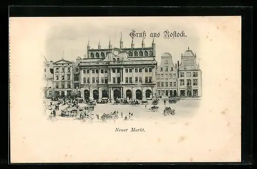 AK Rostock i. Meckl., Blick auf den neuen Markt, Fassade des Rathaus