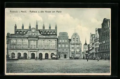 AK Rostock i. Meckl., Rathaus und alte Häuser am Markt