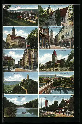 AK Jena, Generalansicht der Stadt, auf dem Markt, Blick in die Johannisstrasse, am Volksbad, Saalepartie mit Brücke, am