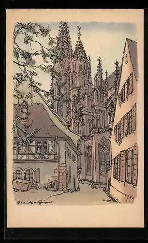 Künstler-AK Freiburg i. Br., an der alten Münsterbauhütte