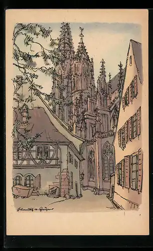 Künstler-AK Freiburg i. Br., an der alten Münsterbauhütte