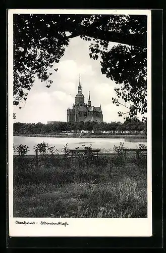 AK Stralsund, Blick vom Ufer zur Marienkirche